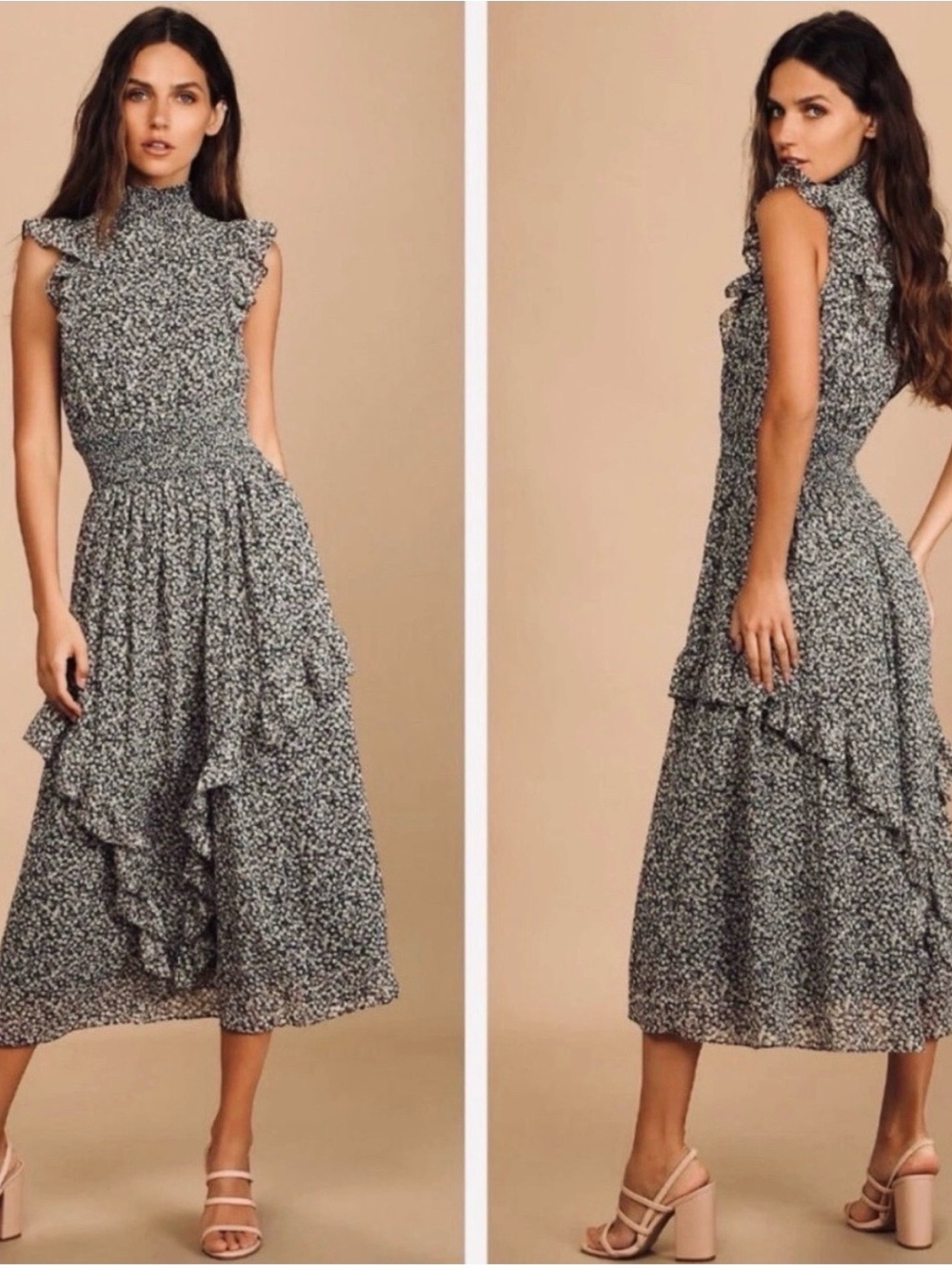 Lulu's Black and White Ditsy Smocked High-Neck Midi Dress